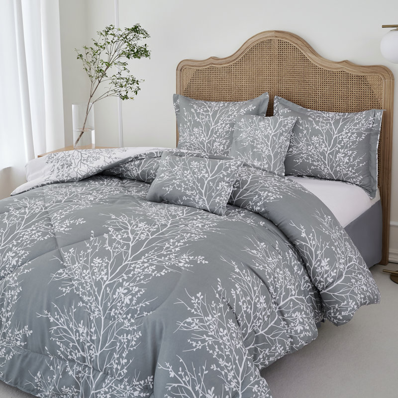 Foliage Reversible Comforter Set, Gray/White, Queen Comforter Set + 5 Additional Pieces