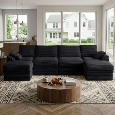 142"W Cloud Modular Sectional Sofa, 6-Piece U Shaped Corner Couch with Hidden Storage and 2 Ottomans, Modern Minimalist Corduroy Upholstered Boneless Sofa for Living Room, Extra Deep Seat, Easy Assembly Required