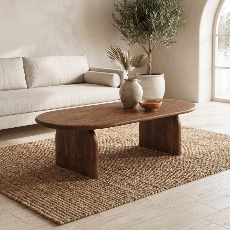 Table basse ovale Arden en noyer massif - Table basse rectangulaire sculptée à la main avec base arquée