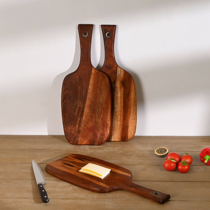 Ensemble de 3 planches à découper en bois d'acacia | Planches à découper en bois avec poignée | Tableaux de service en finition naturelle | 16,75 x 7 po