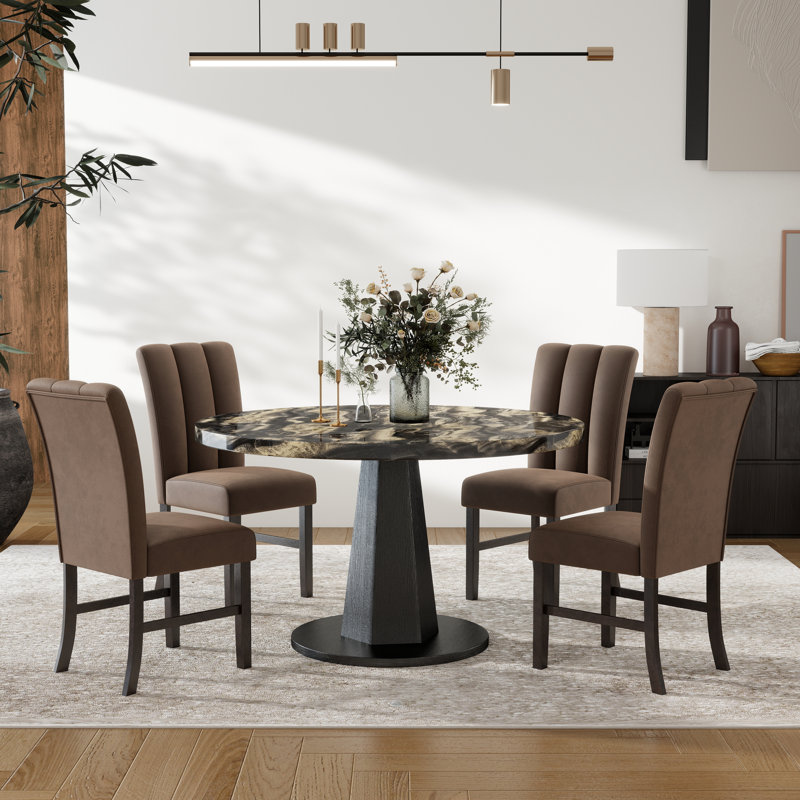 Roundhill Furniture Cavira 5-Piece Modern Dining Set, Black and Gold Faux Marble Dining Table with Four Brown Upholstered Chairs