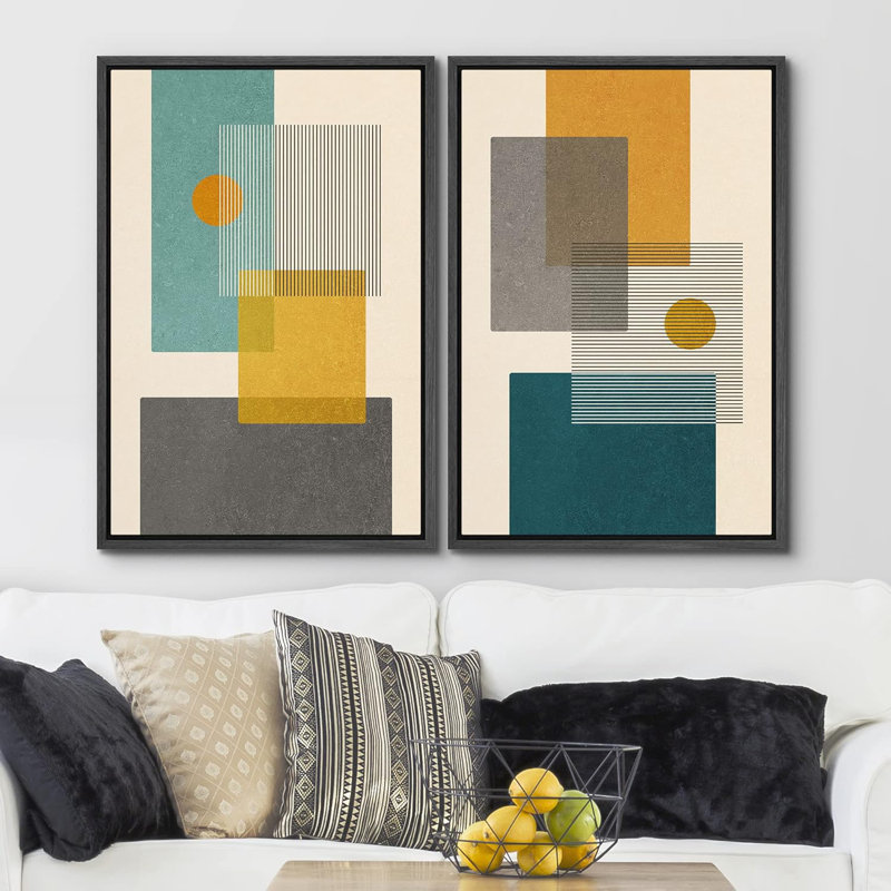Abstract Vibrant Color Blocks " Mid-Century Green And Yellow Polygon Collage Abstract Shapes Modern " 2 - Pieces, Black