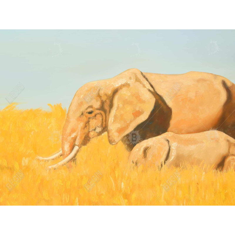 Elephant and Its Little One - Framed Canvas Living Room Decor