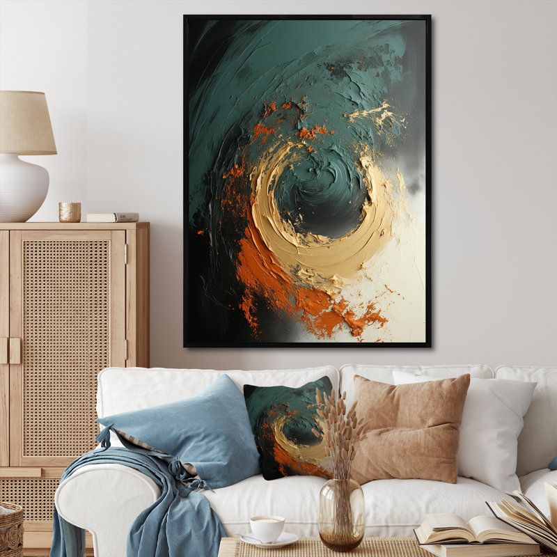 Tempête de pierre orange III - art mural abstrait, Cadre flottant noir, H 40 po x l 30 po x P 1,5 po