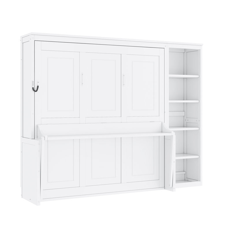 Lit escamotable avec bureau et bibliothèque Murphy, Blanc, Grand lit
