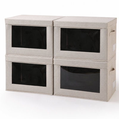 Collapsible Storage Bins with Lids 4 Pack Linen Wardrobe Container Decorative Clothes Baskets Oatmeal