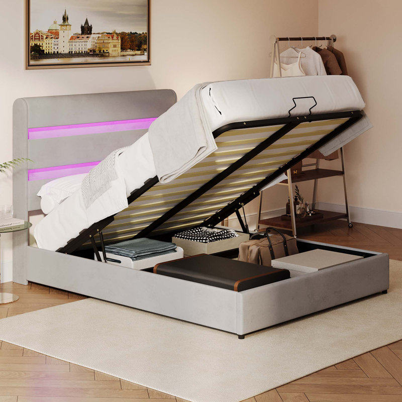 Martrice Upholstered Platform Hydraulic Storage Bed, Lift Up Storage Bed with RGB LED Light Headboard, No Box Spring Needed,Velvet