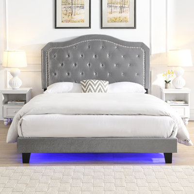 Bouton de lit rembourré capitonné avec un design incurvé - Support de lattes en bois robuste - Assemblage facile - Velours gris clair - Avec lit plateforme à DEL - Grand