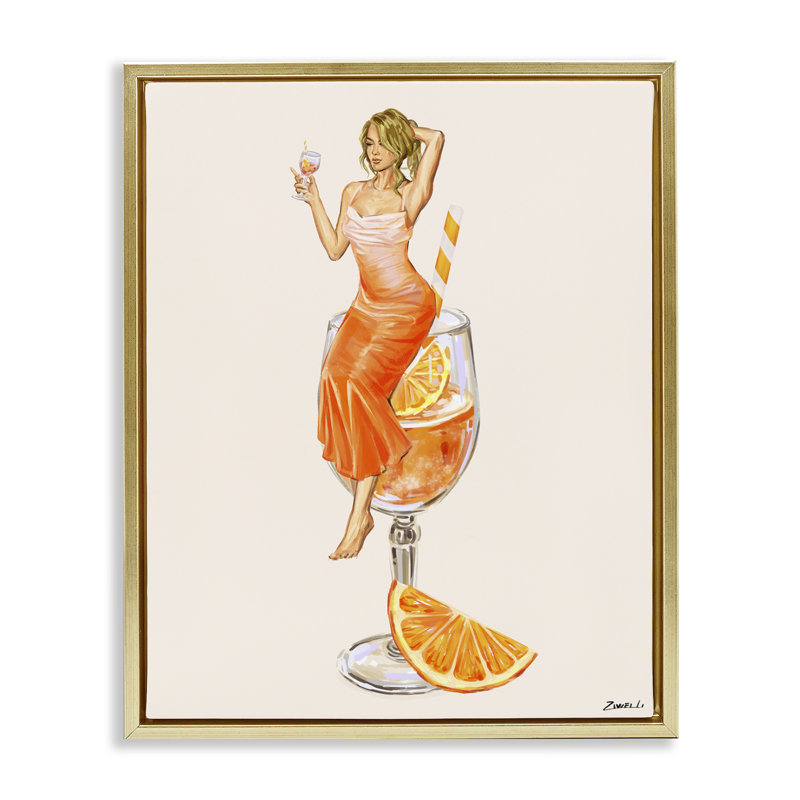 Femme et tranche d'orange cocktail, Cadre flottant métallique doré, H 31 po x l 25 po