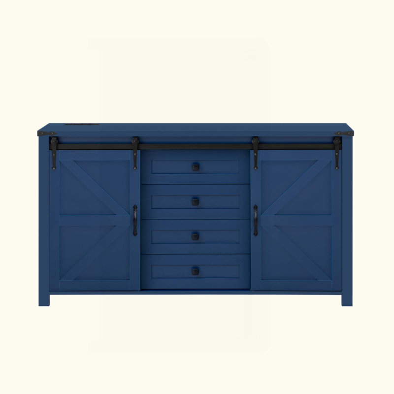 Sideboard With Storage,Farmhouse Storage Cabinet With Sliding Barn Doors And 4 Drawers, Wood Buffet Table With Power Outlet