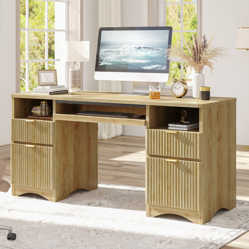Luing 59''Fluted Executive Desks with File and Storage Drawers , Computer Writing Desk with Keyboard Tray, Home Office Desks with Cable Management and 2 Open Compartments