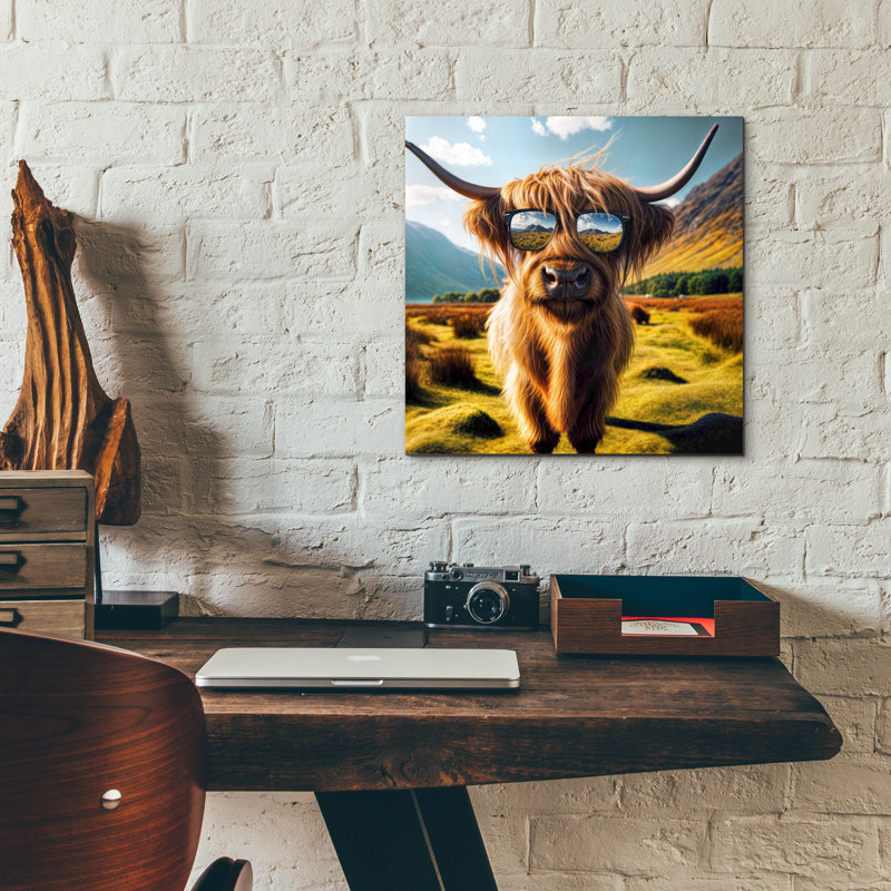  «Highland Cow Sun lunettes 1» par Rey Klimt, art mural en verre acrylique, H 12 po x l 12 po x P 0,13 po