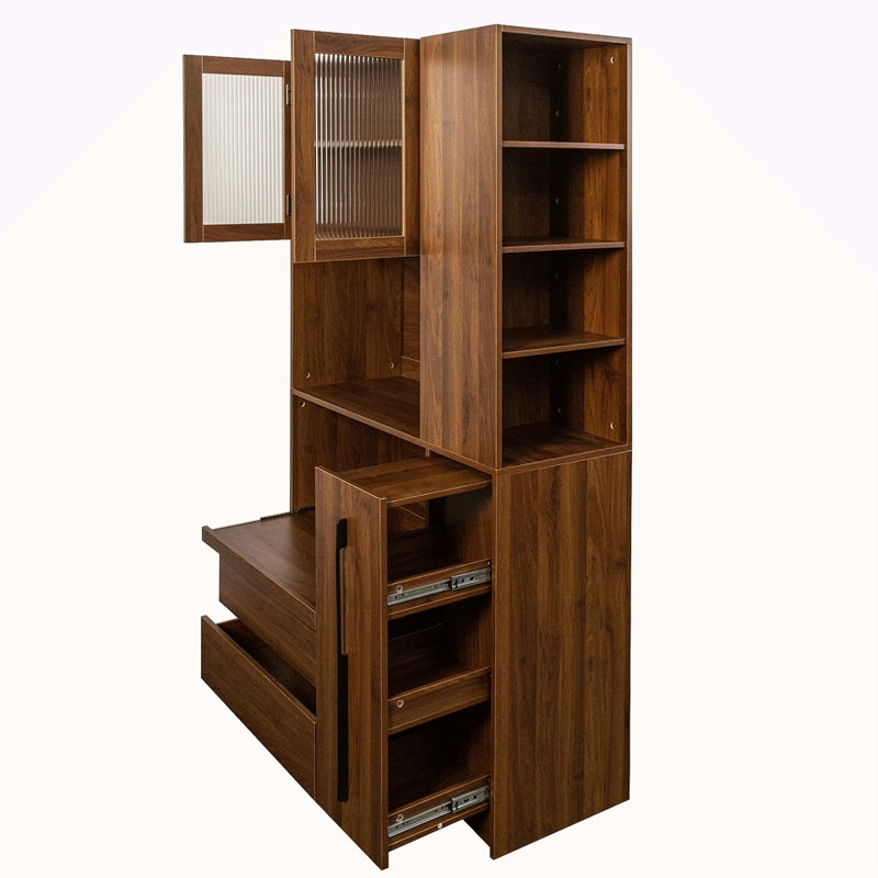 70.87" Tall Kitchen Pantry Cabinet With Multi-Functional Pull-Out Multi-Tier Storage Shelf, 4-Tier Side Shelf, 2 Drawers,With Glass Door,Freestanding Food Hutch With Microwave Stand For Dining Room