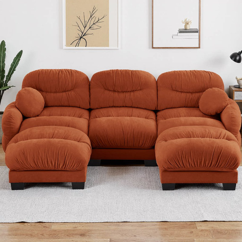 U-Shaped Pleated Chenille Fabric Modular Sectional Sofa with 2 Ottomans, 3-Seater Couch with Ergonomic High-Density Foam Seat, Curved Round Armrests & 2 Throw Pillows