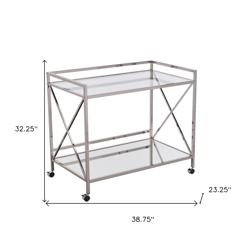 Chariot-bar à roulettes 39 po en métal et verre argenté