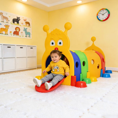 Structure de jeu en forme de chenille, modulable et configurable en différentes formes, idéale pour les jeux énergiques, assemblage requis pour les enfants de 3 à 6 ans, utilisable à l'intérieur comme à l'extérieur, grande durabilité.
