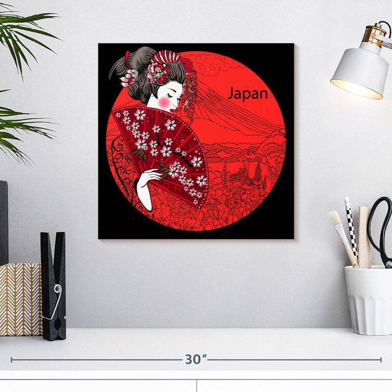 Geisha japonaise rouge, H 16 po x l 16 po