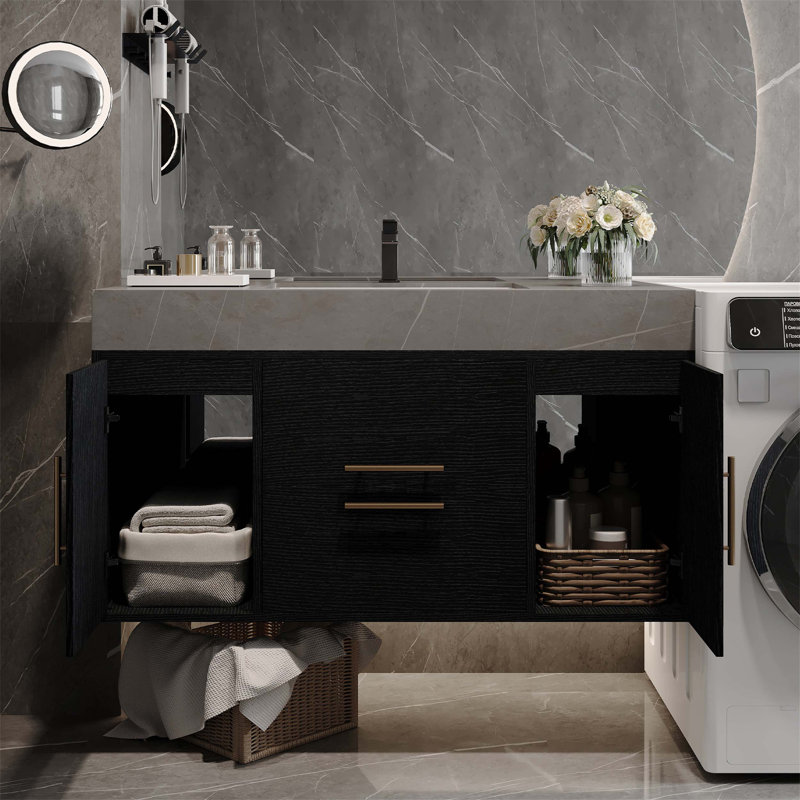 Meuble-lavabo flottant simple avec comptoir en faux marbre, lavabo en céramique, tiroirs et armoires pour des salles de bain fonctionnelles et élégantes