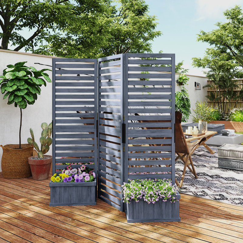 Paravent en bois avec 4 jardinières, lit surélevé avec 3 panneaux et trous de drainage, Gris