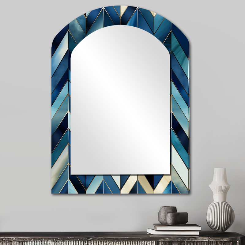 Vintage Cobalt Blue Chevron Geometric - Chevron Unique Shape Large Wall Mirror, Blue Freeform Decorative Mirror, Printed Metal Art