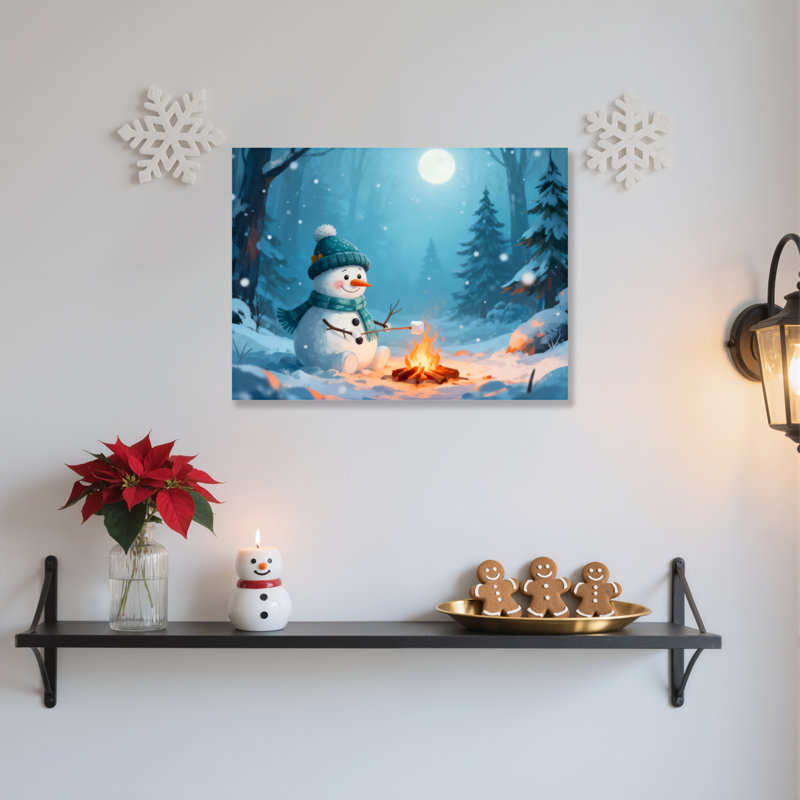 «Snowman Campfire Winter», art mural sur toile, H 16 po x l 24 po