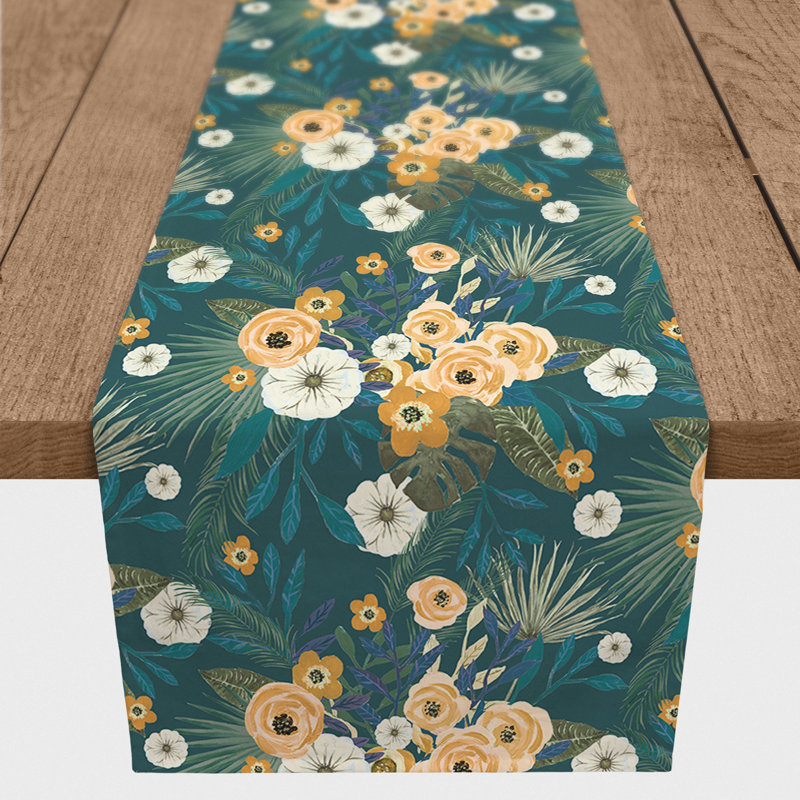 Chemin de table floral, Bleu sarcelle, L 90 po x l 16 po