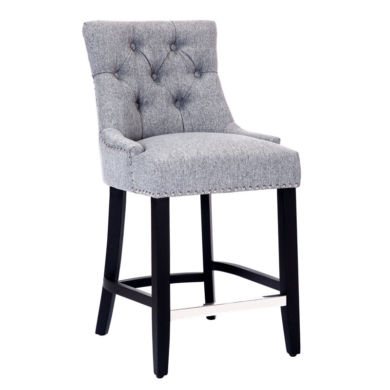 Linen Fabric Tufted Upholstered Counter Stool, Counter Stool (24” Seat Height), Gray Linen/Black Frame