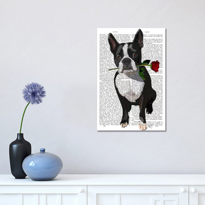 Boston Terrier With Rose In Mouth by Fab Funky - Wrapped Canvas Painting
