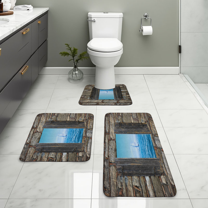  Nautical Bathroom Rug Set 3 Pieces U-Shape & Rectangle Mats Grey Blue