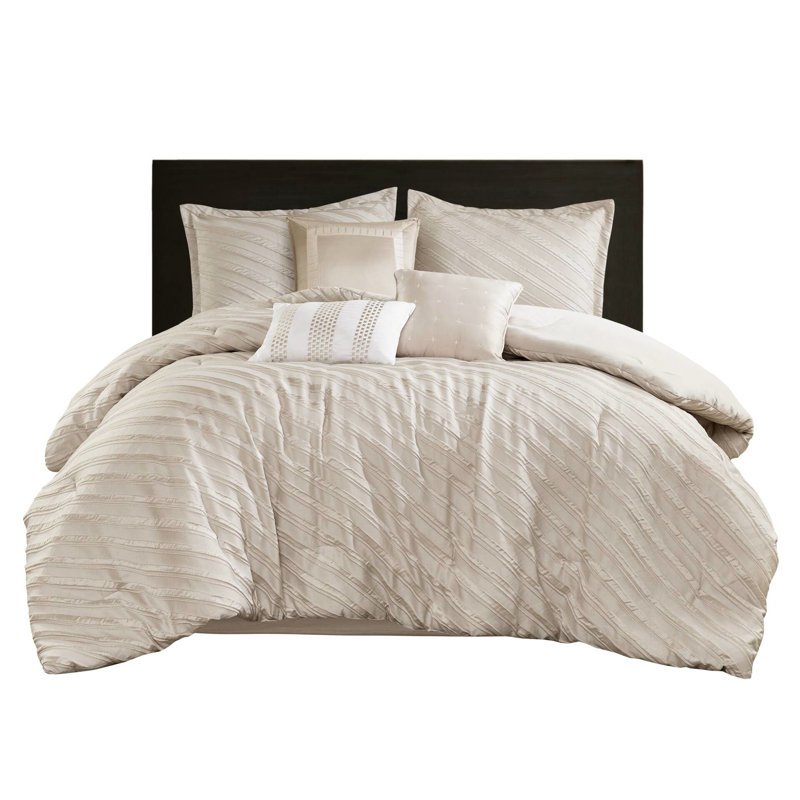 Édredon 7 pièces beige très grand avec diagonale, haute qualité, confort toutes saisons, jupe de lit et coussins décoratifs de style transitionnel moderne