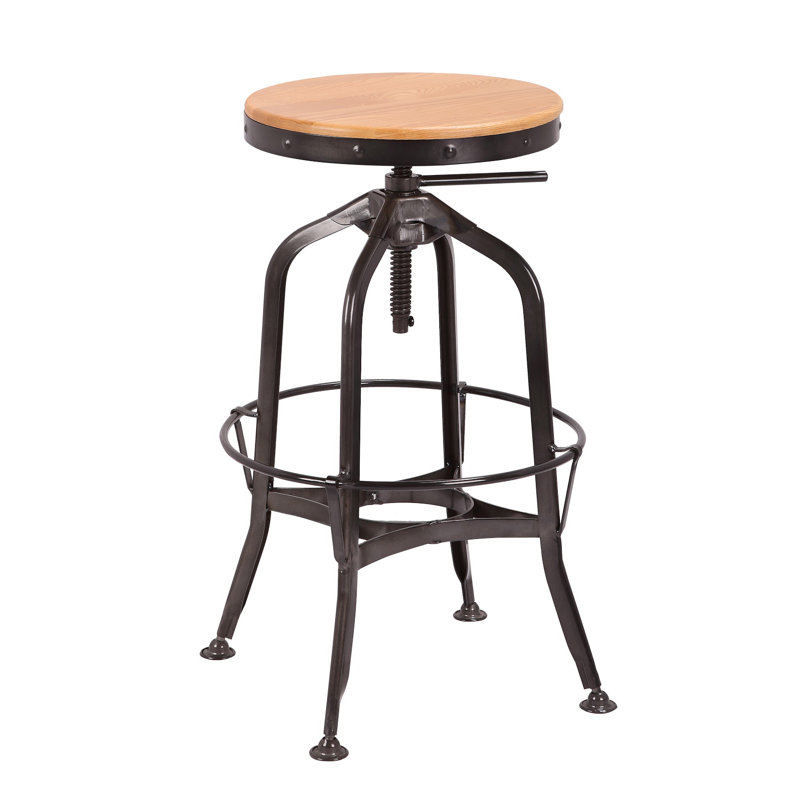 Tabouret de bar réglable en métal avec siège en bois noir 94143, Bronze industriel mat, Naturel