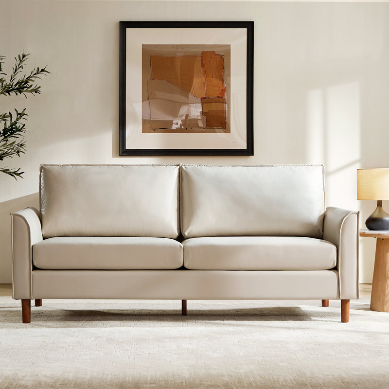 Alpha 78.5“ Mid-Century Modern Faux Leather Sofa with Solid Wood Legs, Ivory