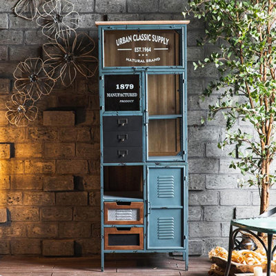 Vitrines en fer bleu + verre trempé