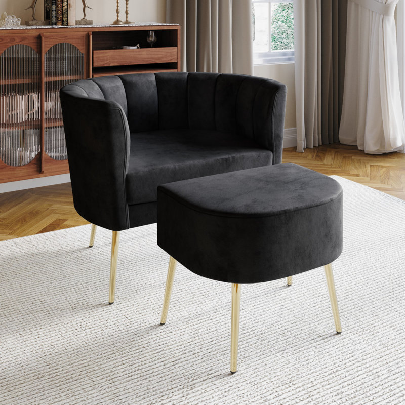 Keighley Upholstered Armchair with Ottoman, Black Velvet