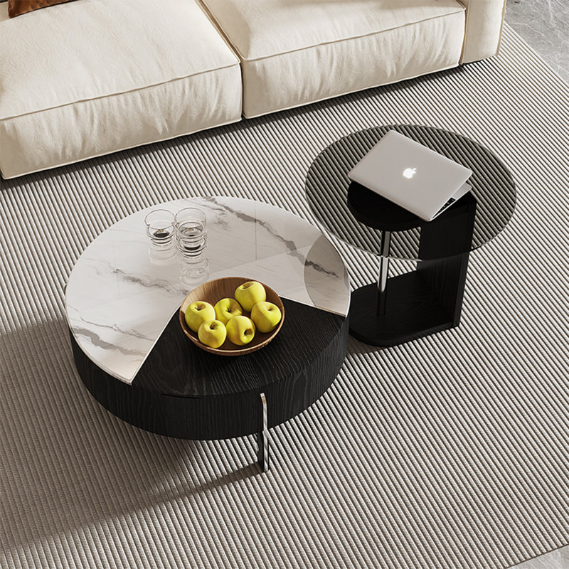 Table basse ronde en pierre micro-cristalline, Noir/acier inoxydable, Noir / blanc / transparent