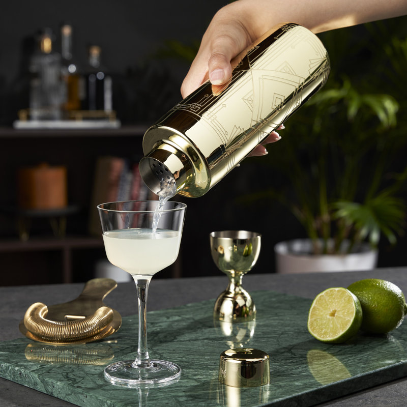 Gold Art Deco Stainless Steel Cocktail Shaker with Strainer