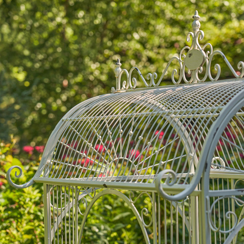 Large Antique White Metal Flower Cart with Curved Roof