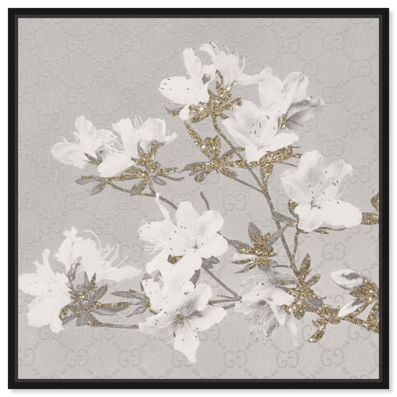 Art floral blanc sur toile élégant, Cadre noir, H 21 po x l 21 po