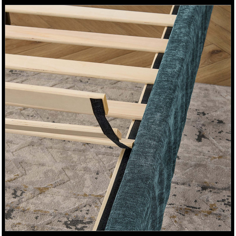 Très grande base de lit tapissier en tissu chenille avec motif plissé, très grand lit plateforme avec tête de lit, structure solide et table de chevet. Pas de sommier tapissier nécessaire - bleu-vert