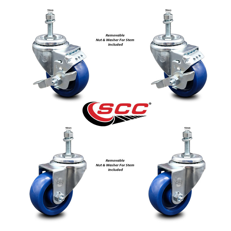 3.5 Inch_Solid Polyurethane Swivel 10mm Threaded Stem Caster Set 2 Brake SCC