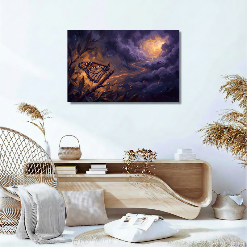 Art mural monarque sur une branche avec des nuages tourbillonnants, H 36 po x l 48 po