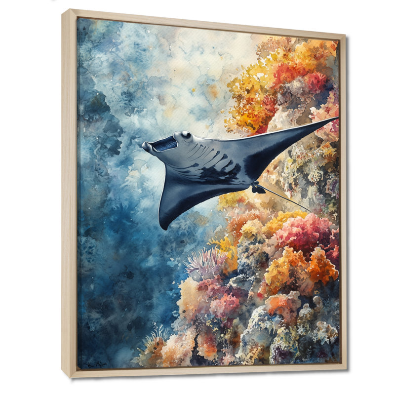 Art mural de raie manta, décor de toile de récif, raie manta sur la crête de récif, H 44 po x l 34 po, Natural Floater Framed