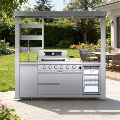 Barbecue de cuisine de 97 pouces à 4 brûleurs et 72 000 BTU de luxe en acier inoxydable pour barbecue avec îlot de cuisine + réfrigérateur à vin compact + rôtissoire + comptoirs en granite + armoires et tiroirs de rangement