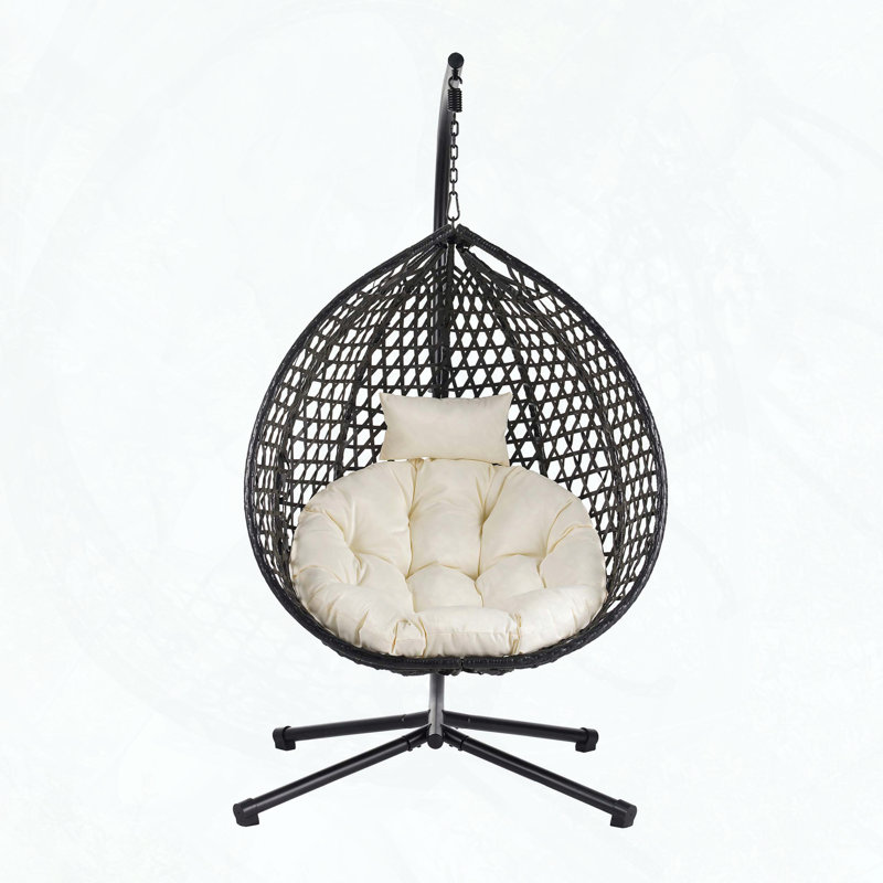 HDPE Hammock Egg Chair with Stand and Cushion, Beige, Black
