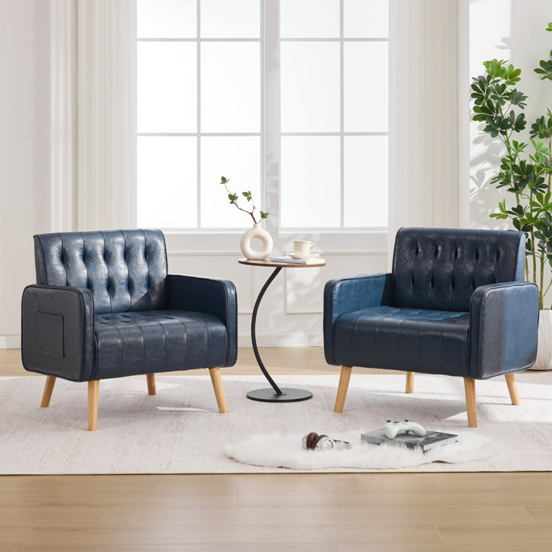Chaise d'appoint capitonnée en similicuir avec pieds et poches en bois (ensemble de 2), Bleu