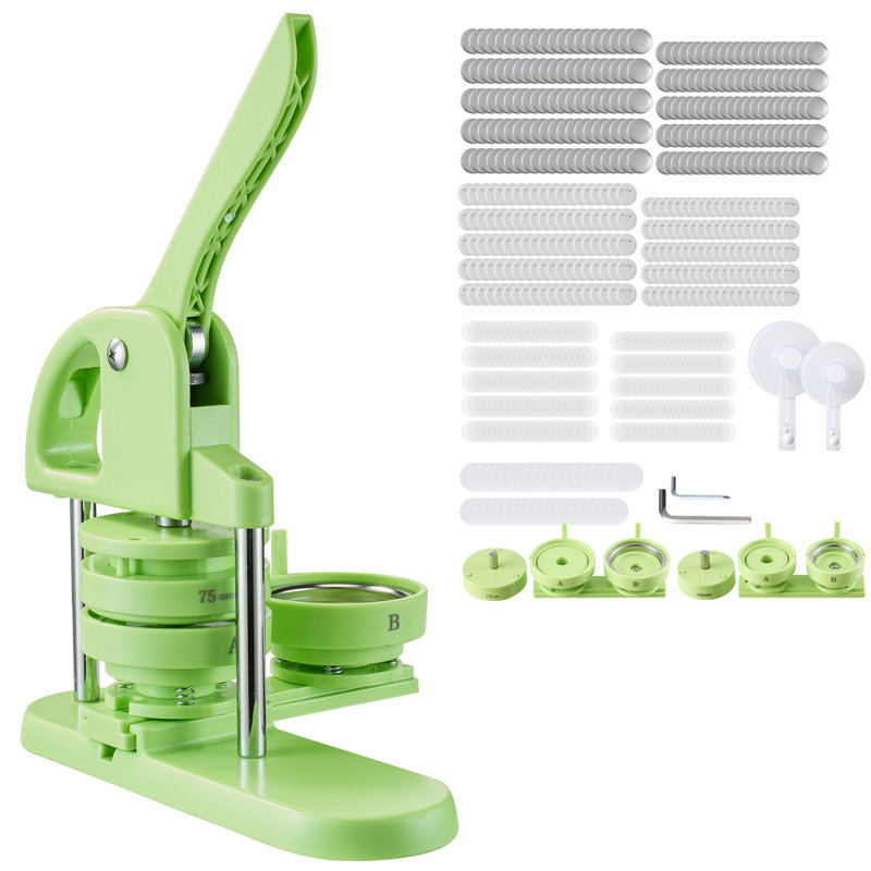 Machine à boutons, 1,26 / 2,28 pouces 2-en-1, broches en plastique avec 200 pièces de boutons, coupe-cercle et livre magique, poignée ergonomique renforcée, pour badges de bricolage, épingles personnalisées, vert