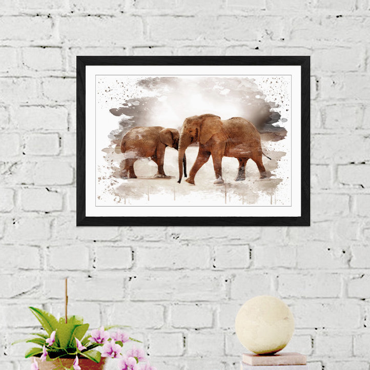 Two Elephants - Wall Art, 45cm H x 62cm W, Framed Picture