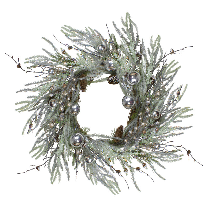 28" Frosted Artificial Pine Christmas Wreath with Silver Berries