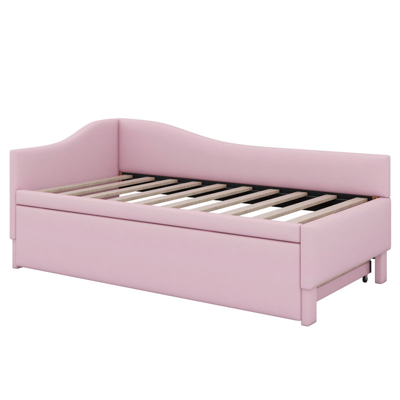 Upholstered Linen Daybed with Trundle Bed, Pink