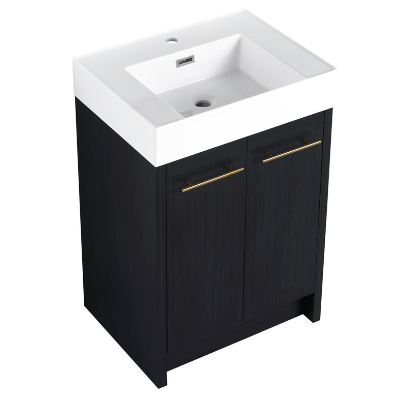 Armoire de salle de bain avec lavabo en résine et porte à fermeture en douceur, 24 po, châtaignier noir, style moderne, évier de rangement spacieux, conception, fabrication